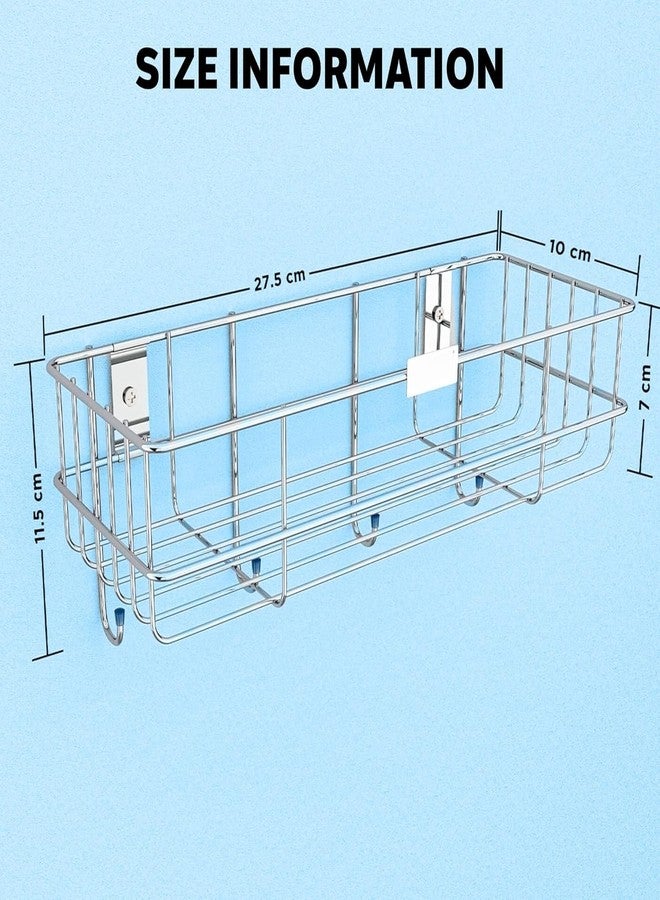 Clay Plus Stainless Steel Wall Mounted Bathroom Shelf, Self Adhesive Sticker Hooks Bathroom Organiser Rack, 4 Hooks for Towel Holder, Space-Saving Wall Mounted Bathroom Shelf Designer Pack of 1 - Image 2